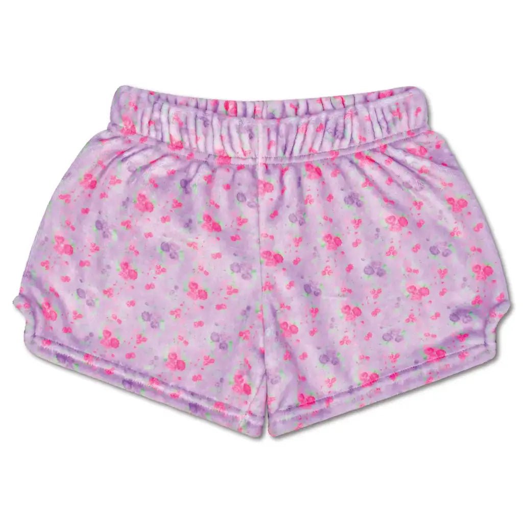 Lilac plush shorts with pink floral print for girls