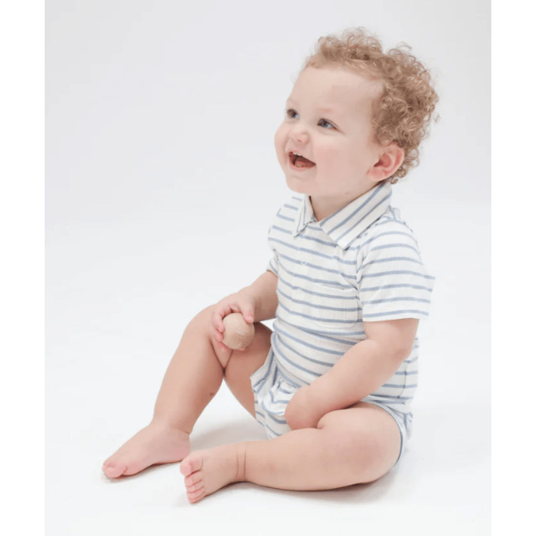French Stripe Dusty Blue Rib Polo Shortie by Angel Dear at Confetti Gift and Party Tuscaloosa Alabama