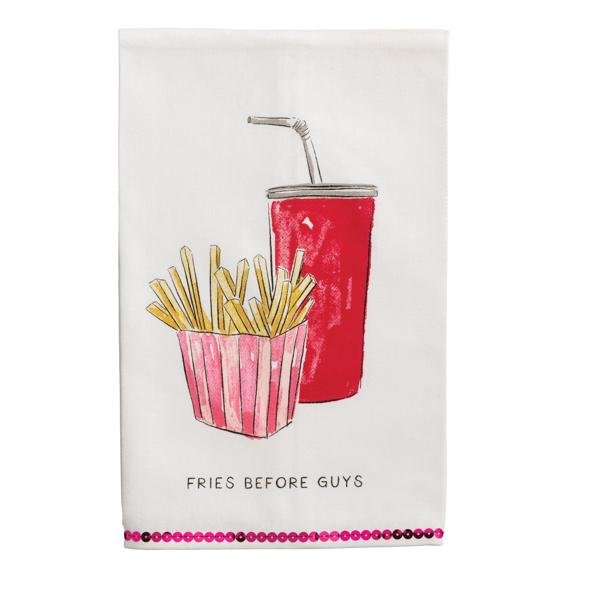 Cotton hand towel with fries and soda illustration and pink sequin trim