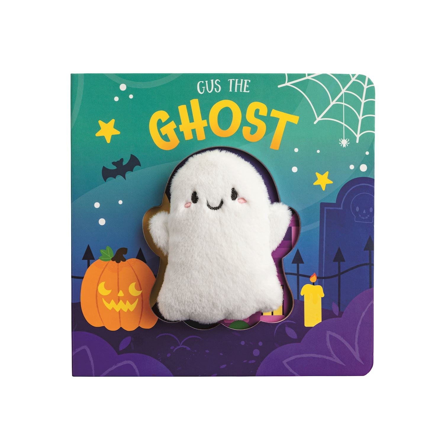 A Halloween-themed children's plush book featuring a character resembling a ghost with a pumpkin, bats, and a candle on the cover.