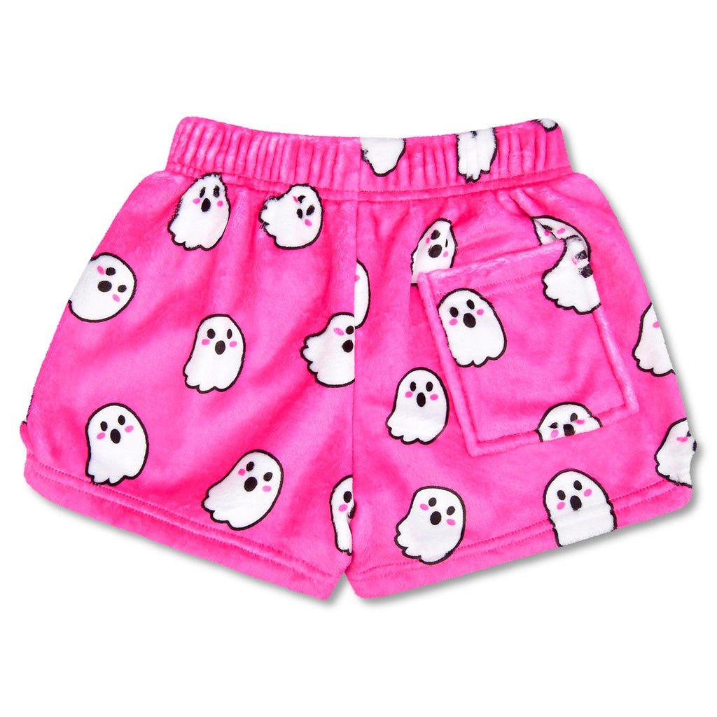Bright pink plush shorts for kids with white ghost print and elastic waistband