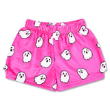  Bright pink plush shorts for kids with white ghost print and elastic waistband