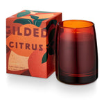Gilded Citrus candle in amber glass vessel with vibrant orange and red packaging