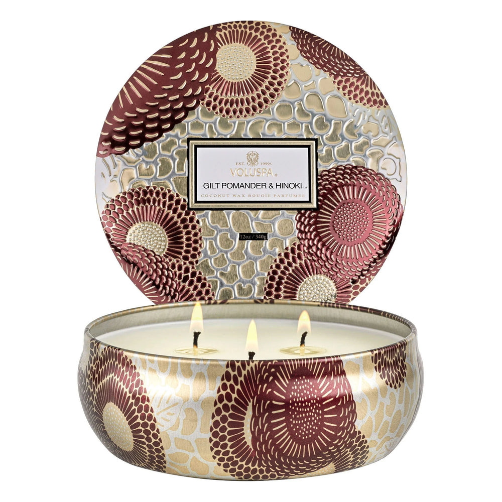 GIlt Pomander Hinoki 3 Wick Tin by Voluspa at Confetti Gift and Party