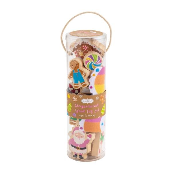 13-piece gingerbread wood toy set with Santa, candy decorations, train, and rainbow road in clear gift tube