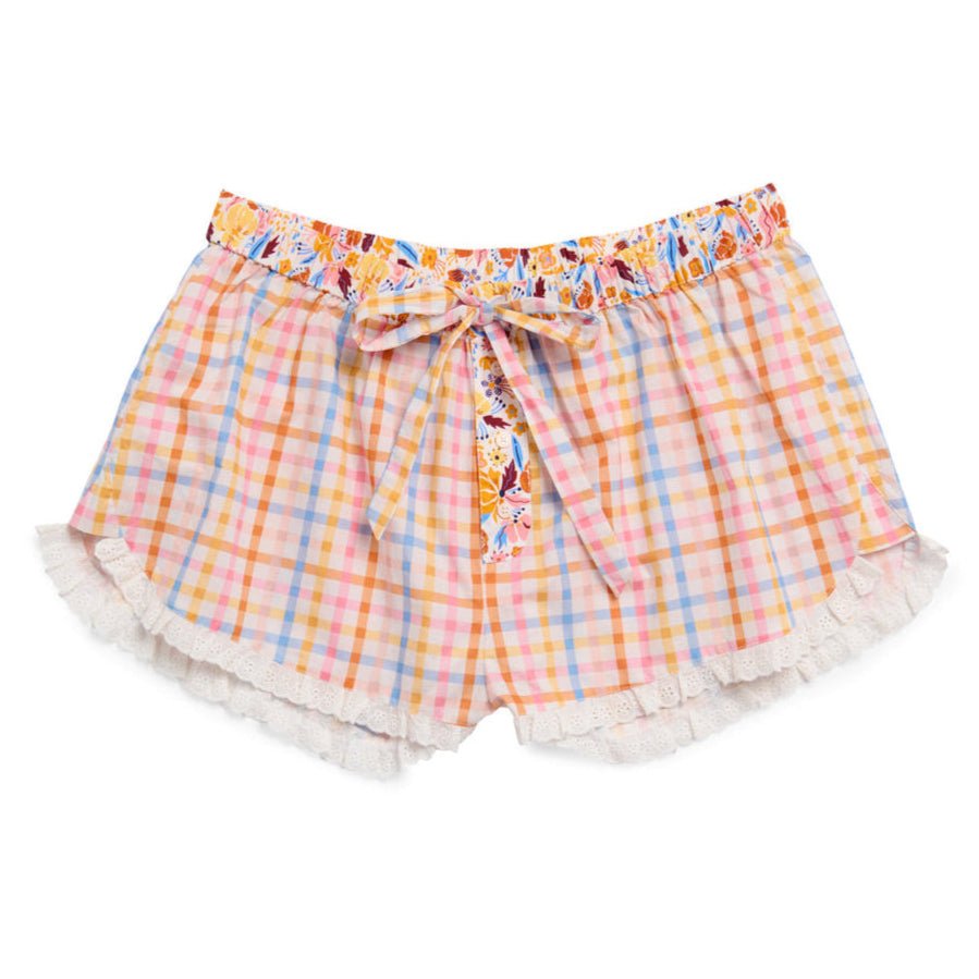 Pastel gingham boxer shorts with floral waistband and lace trim