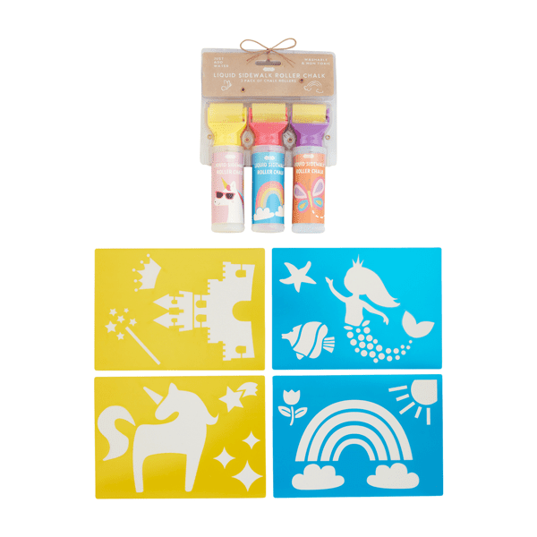 Set of children's paint and stencils with colorful designs on a white background