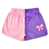 Pink and purple color block children’s shorts with bow patch and back pocket