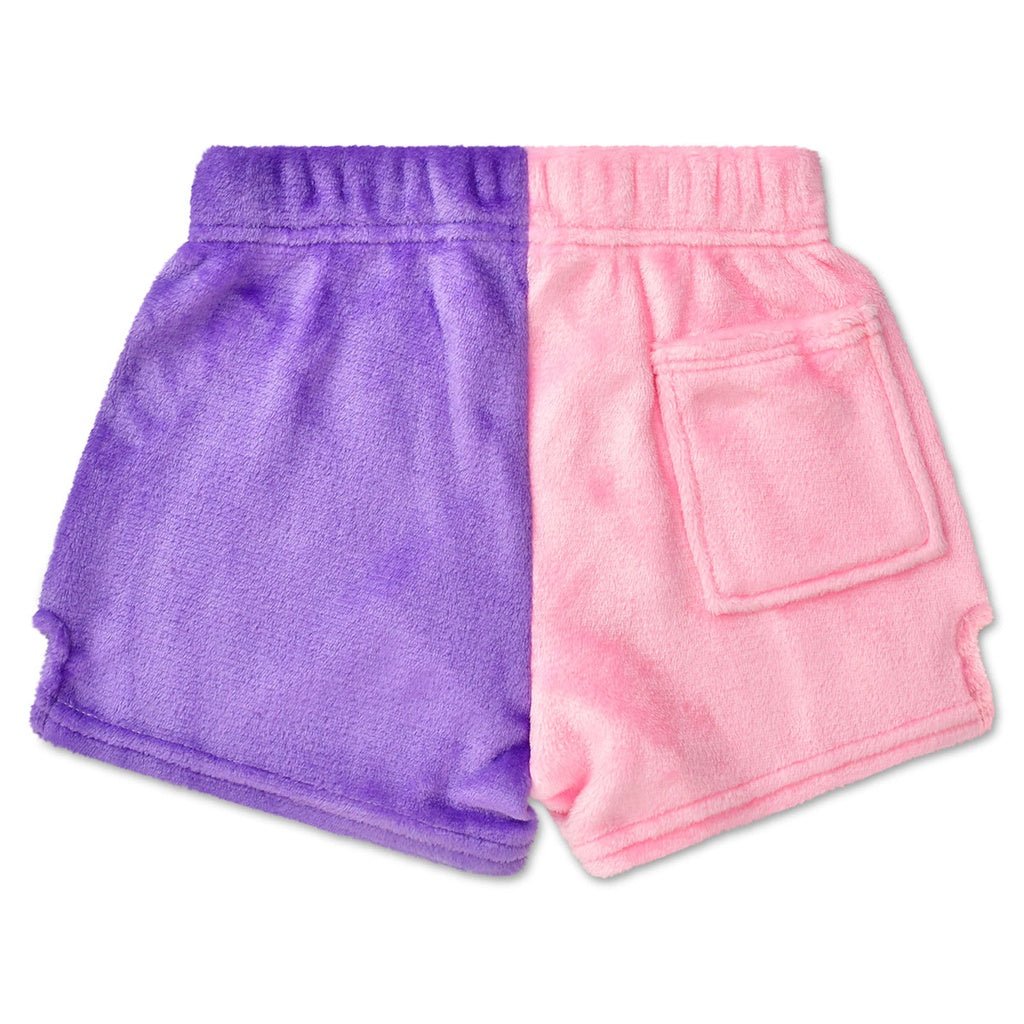 Pink and purple color block children’s shorts with bow patch and back pocket