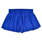 blue girls' ruffle waist shorts with elastic waistband