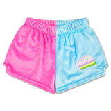 Children’s color block shorts in pink and blue with rainbow cake patch and back pocket