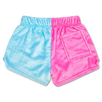 Children’s color block shorts in pink and blue with rainbow cake patch and back pocket