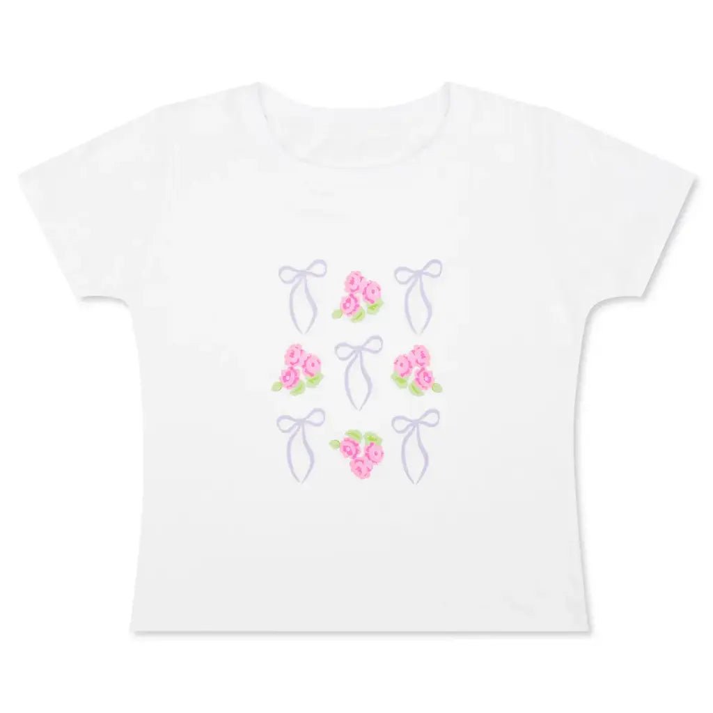 White children’s t-shirt with pink floral bouquets and lavender bows design