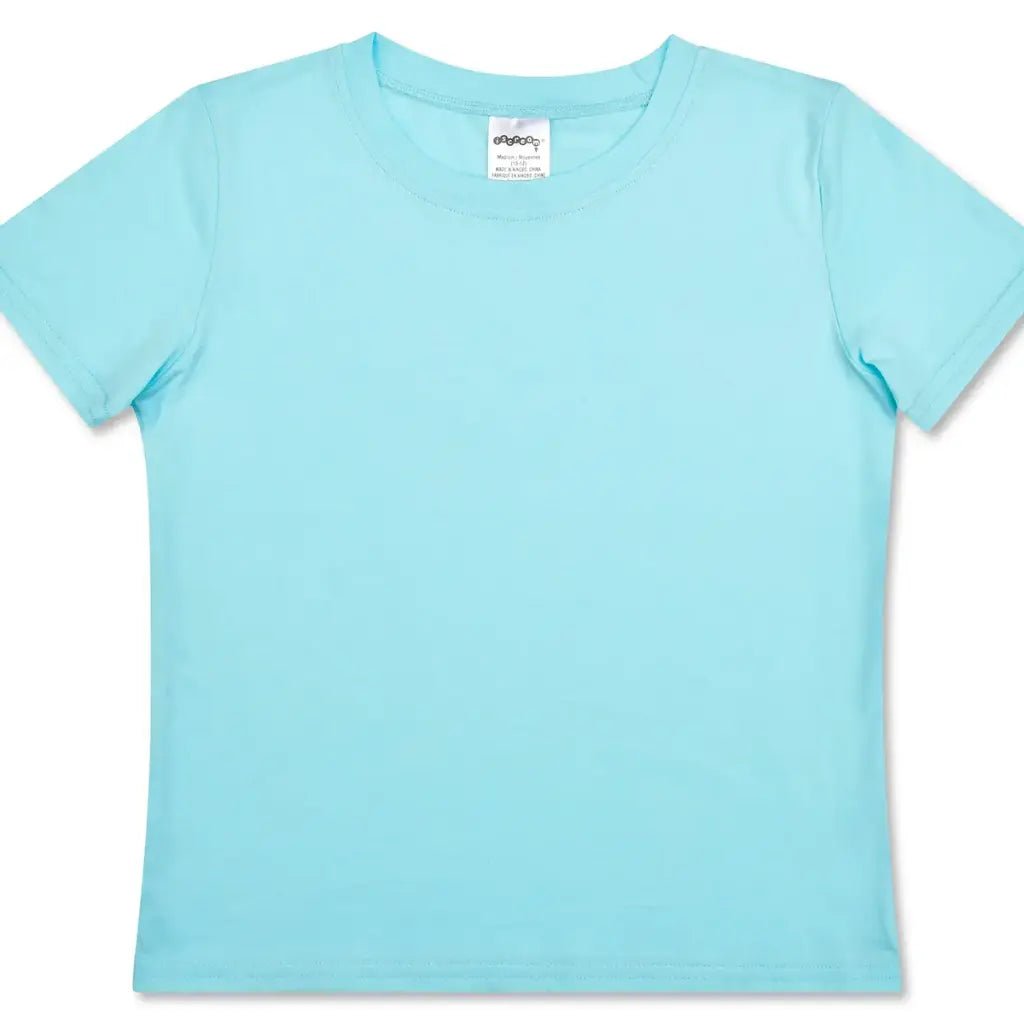 Light blue children’s t-shirt with short sleeves and crew neck