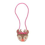 Plush reindeer head with pink antlers and glowing red nose 