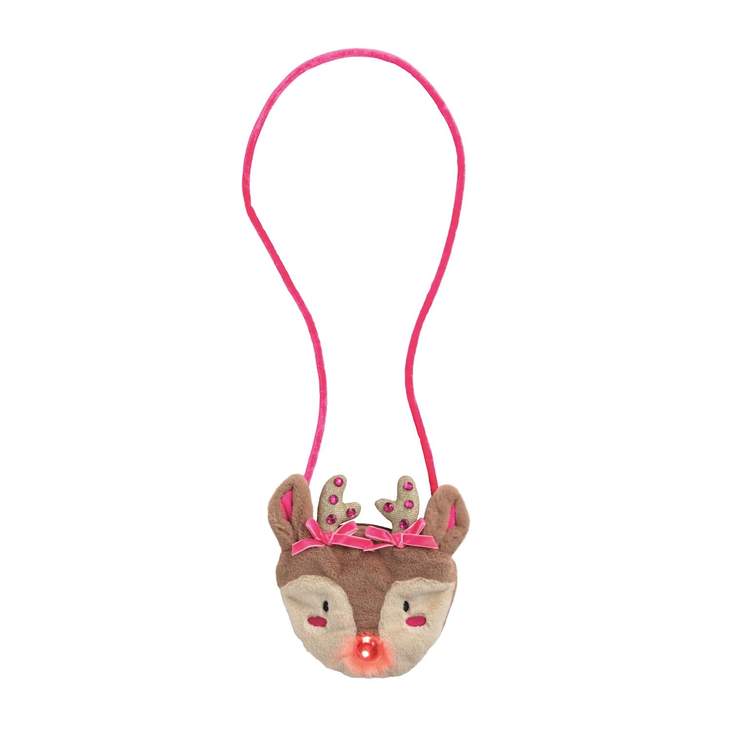 Plush reindeer head with pink antlers and glowing red nose 