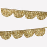 Gold scalloped tinsel garland with glitter ribbon for holiday decorating