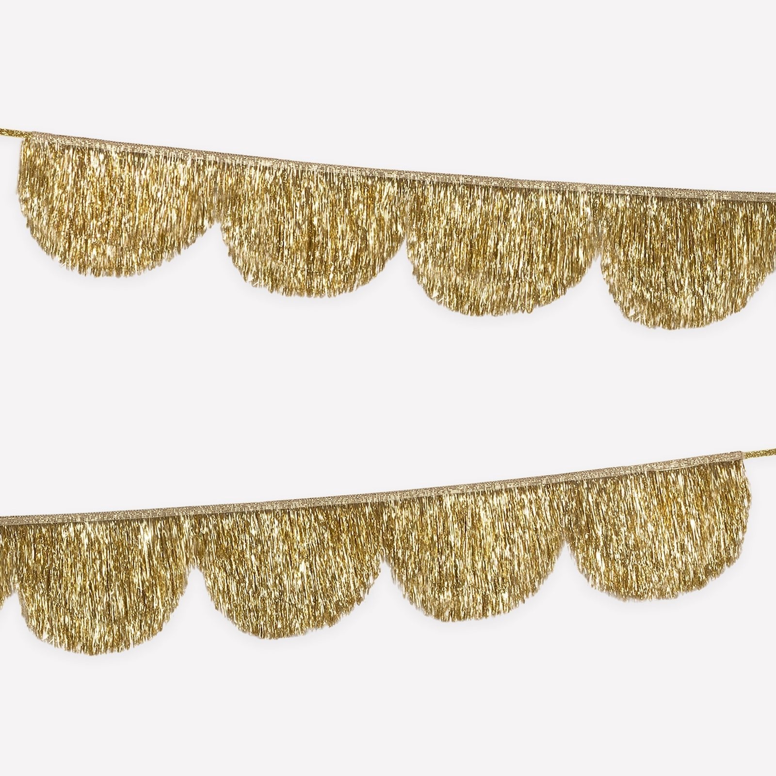 Gold scalloped tinsel garland with glitter ribbon for holiday decorating