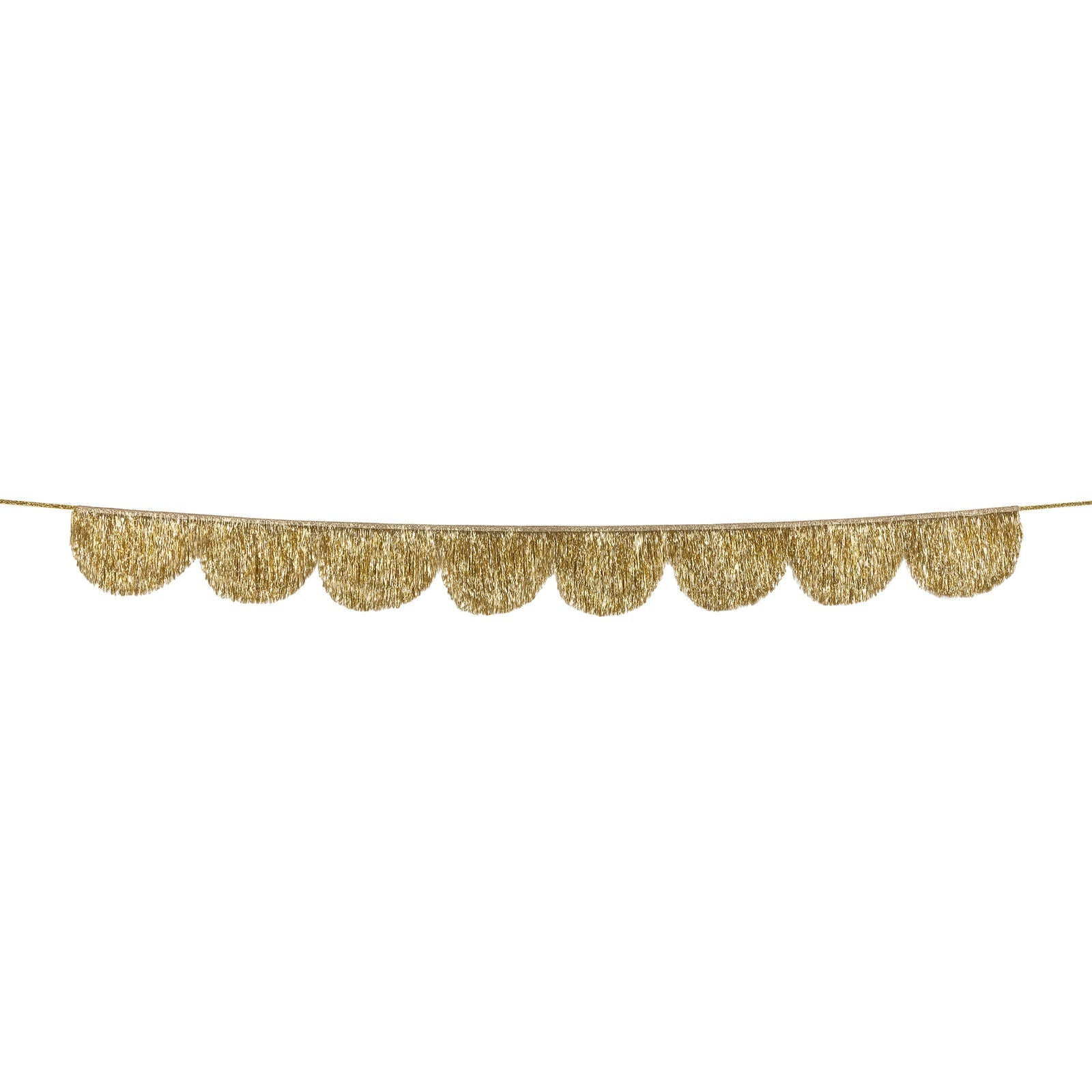 Gold scalloped tinsel garland with glitter ribbon for holiday decorating