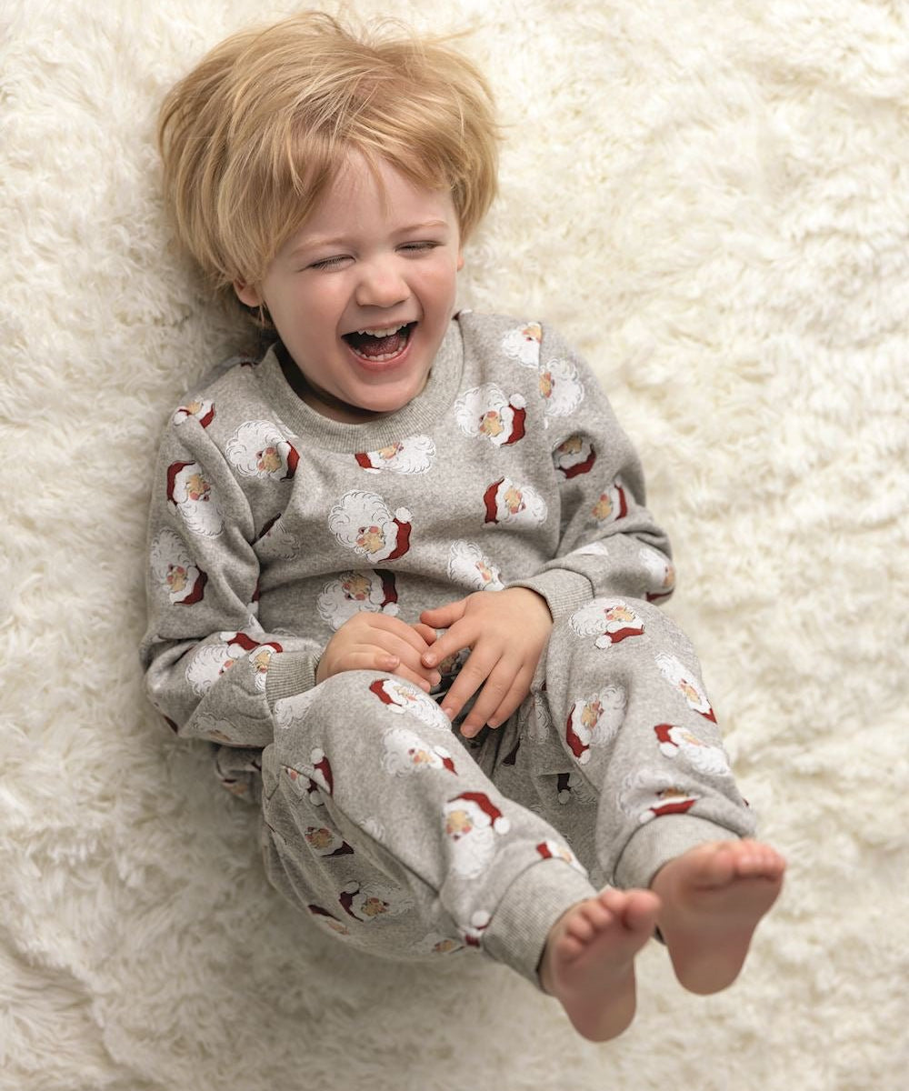 Gray Santa jogger set for kids with allover Santa face print and soft French terry fabric