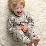 Gray Santa jogger set for kids with allover Santa face print and soft French terry fabric