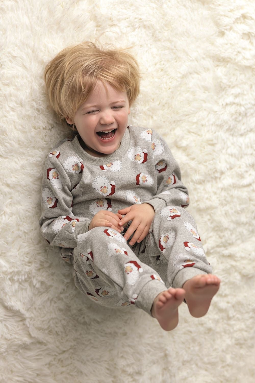 Gray Santa jogger set for kids with allover Santa face print and soft French terry fabric