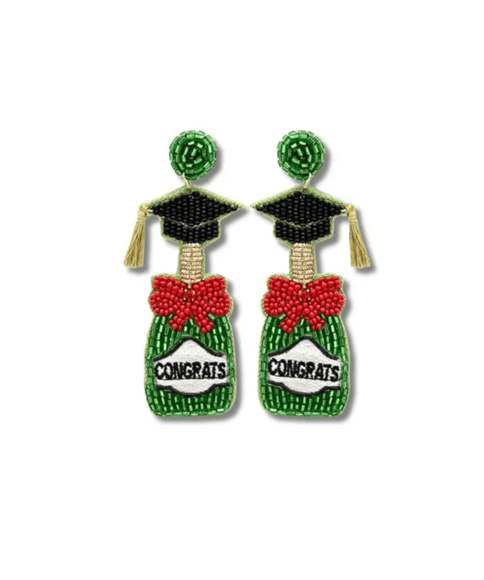 Green Bottle Shape with Grad Cap "Congrats" Bead Earrings by Golden Stella at Confetti Gift and Party Tuscaloosa Alabama