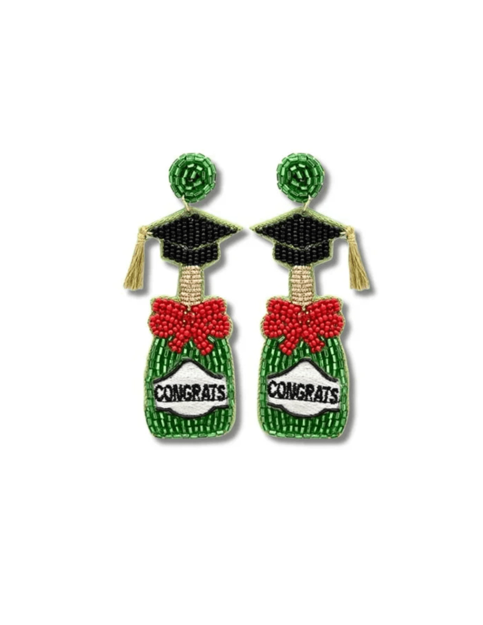 Green Bottle Shape with Grad Cap "Congrats" Bead Earrings by Golden Stella at Confetti Gift and Party Tuscaloosa Alabama
