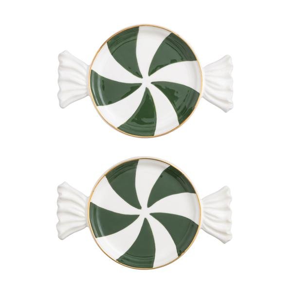 Green peppermint-shaped tidbit plate set with gold rim