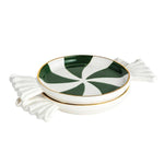 Green peppermint-shaped tidbit plate set with gold rim