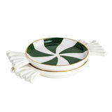 Green peppermint-shaped tidbit plate set with gold rim