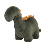 Green faux fur dinosaur plush with weighted bottom and soft spine details