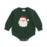Green knit baby sweater bubble with Santa face and button leg closure