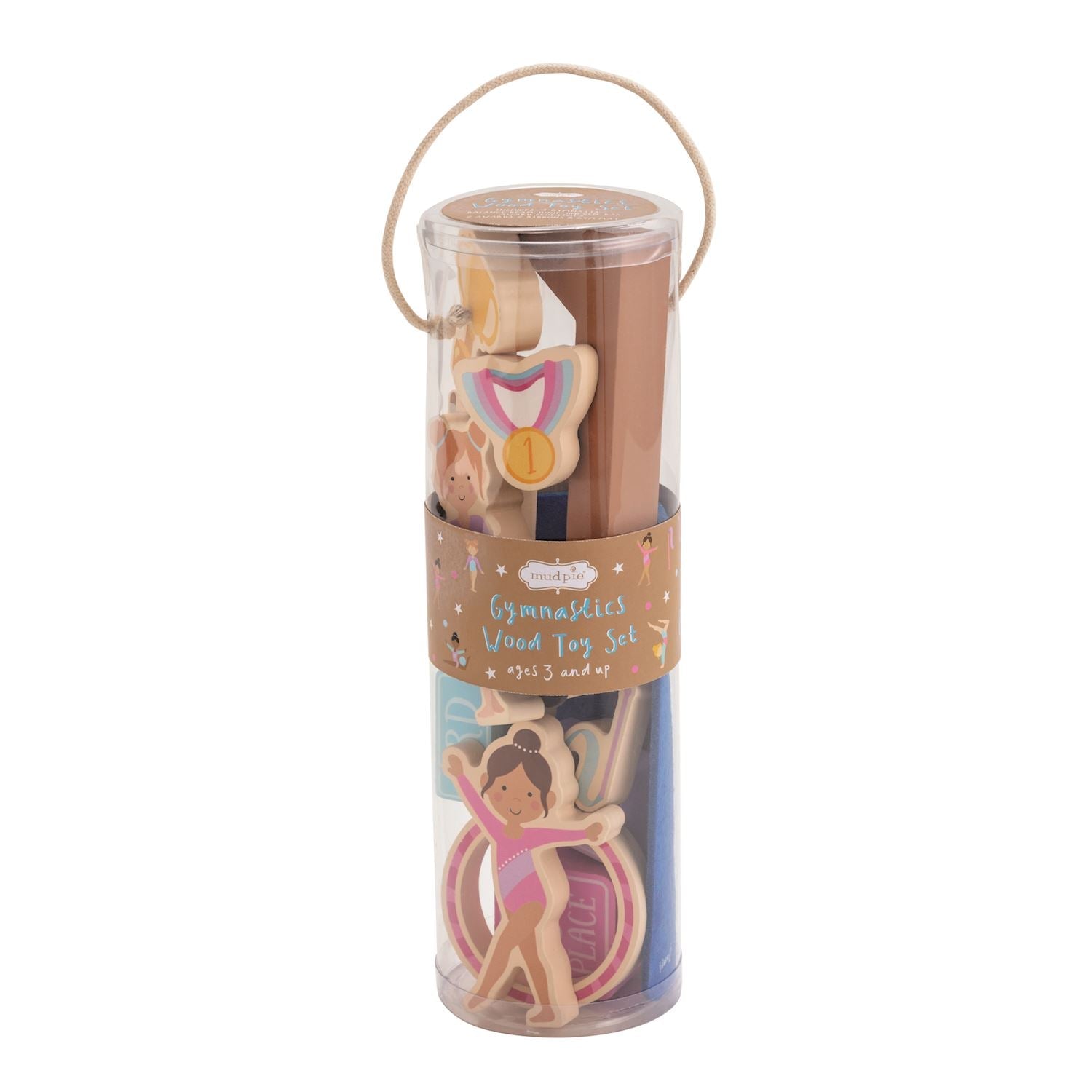  gymnastics-themed wooden toy set for kids in carry tube