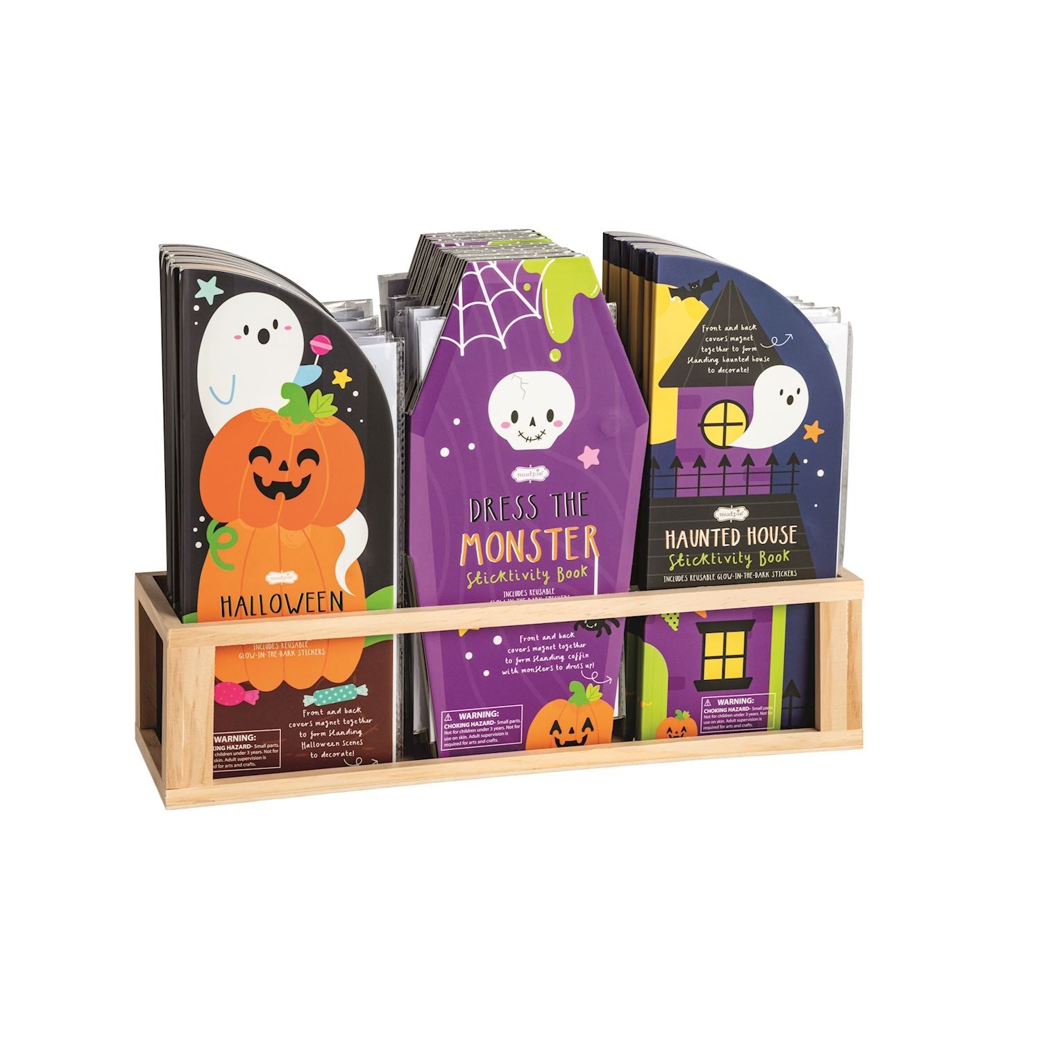 Halloween-themed Sticktivity Books featuring various characters and activities typical of the Halloween holiday.
