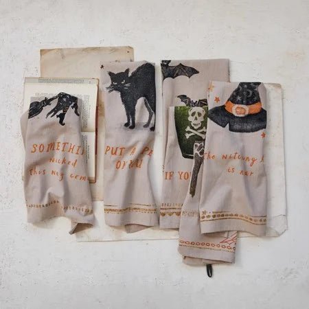 Cotton Chambray Printed Tea Towel, Halloween Image & Saying, 28"L x 18"W by Creative Co Op at Confetti Gift and Party