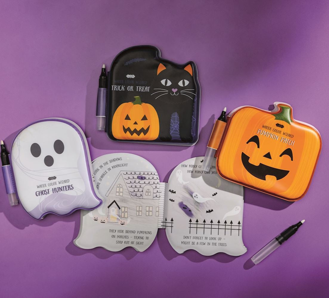 Halloween-themed Water Wizard books featuring designs like a ghost, a pumpkin, and a bat.