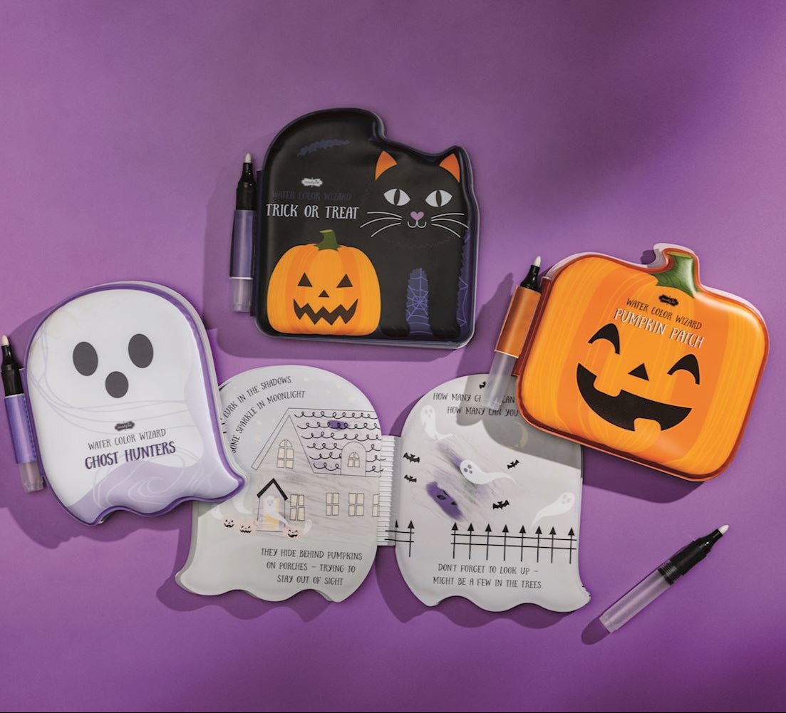 Halloween-themed Water Wizard books featuring designs like a ghost, a pumpkin, and a bat.