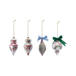 Four antique-inspired hand-painted glass ornaments with velvet bows in red, green, and blue