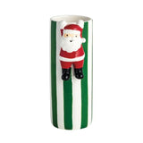 Green striped ceramic bud vase with raised Santa figurine detail.