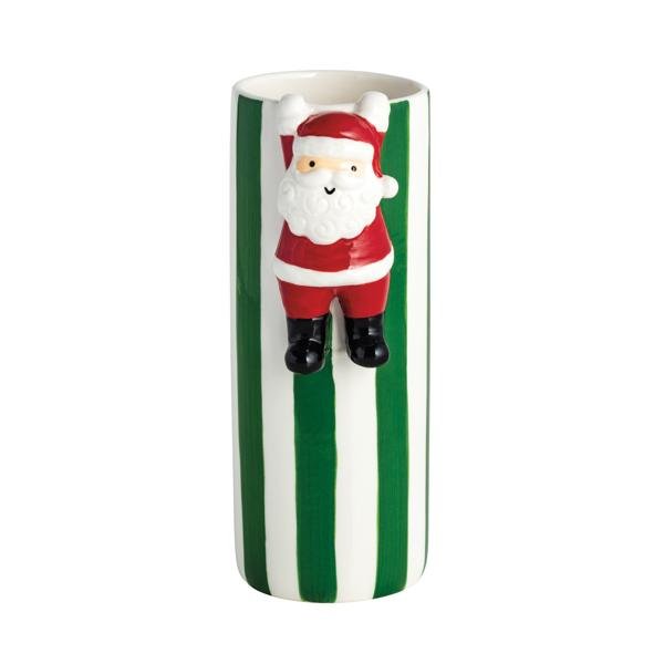 Green striped ceramic bud vase with raised Santa figurine detail.