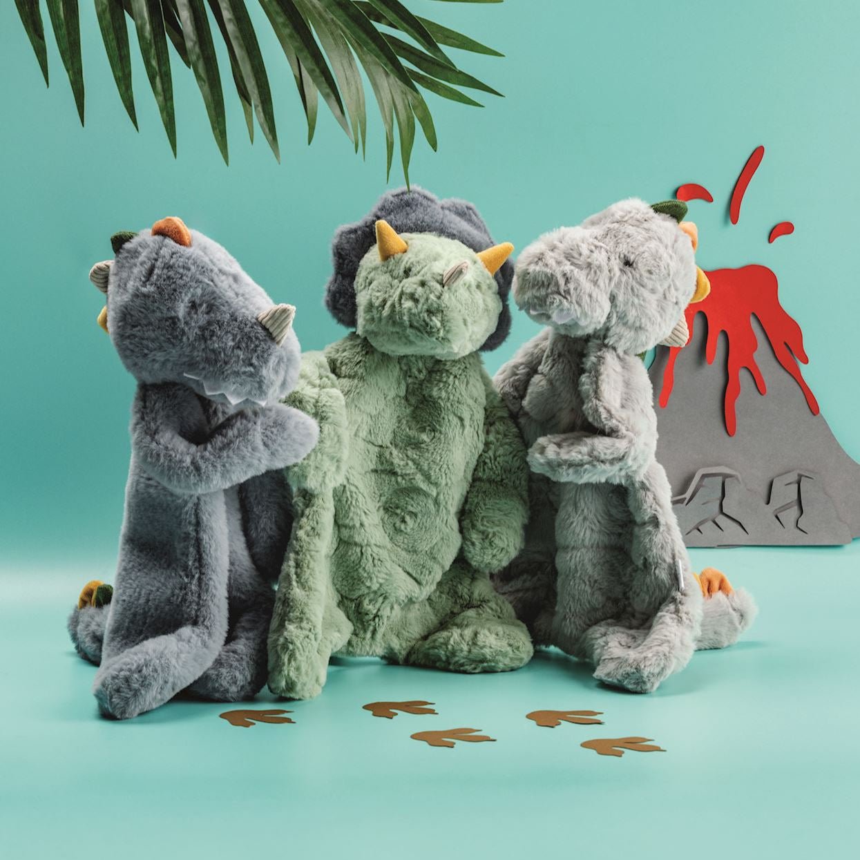 Bernard the Dino triceratops plush woobie with green faux fur and soft weighted body