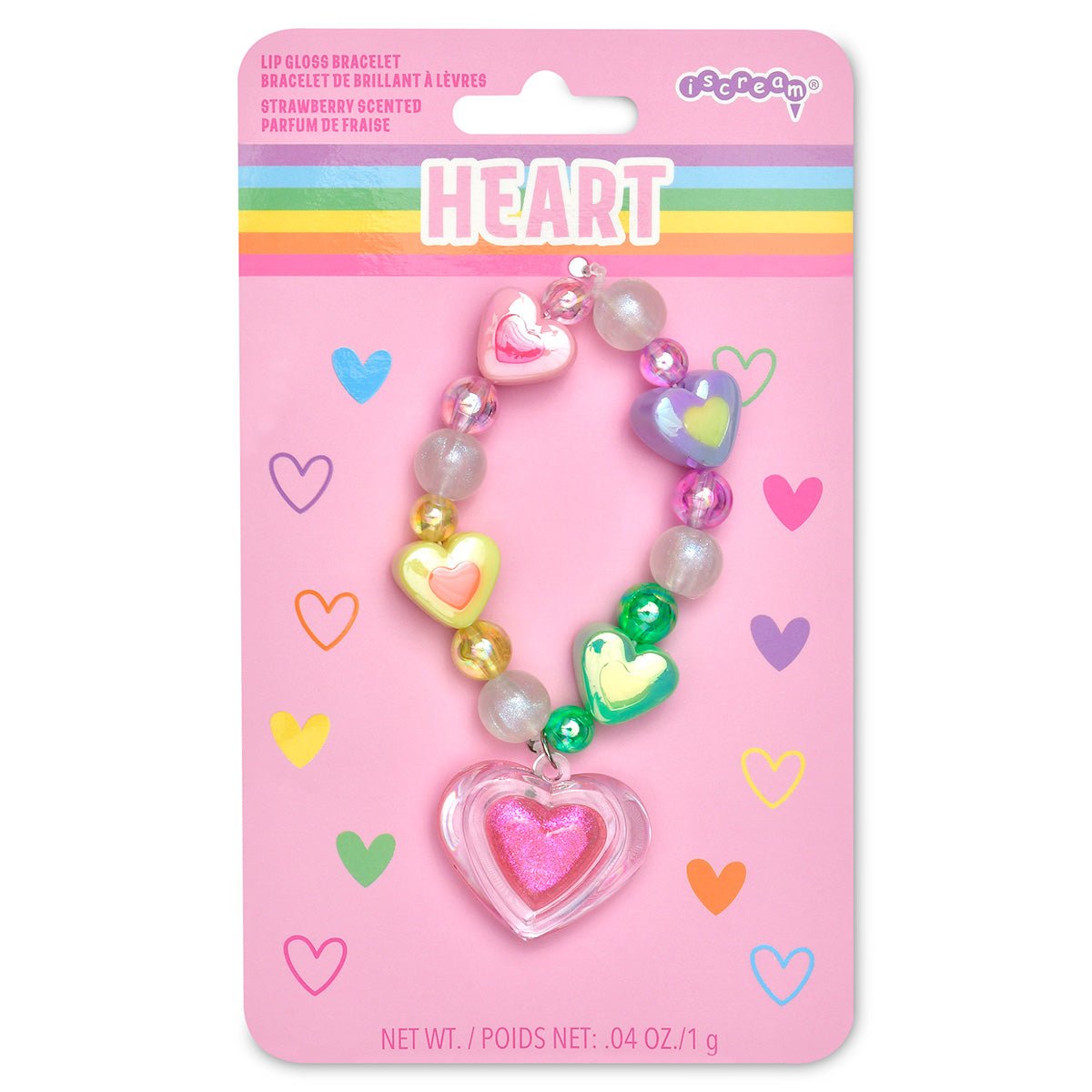 Colorful beaded heart bracelet with strawberry-scented lip gloss charm on pink packaging