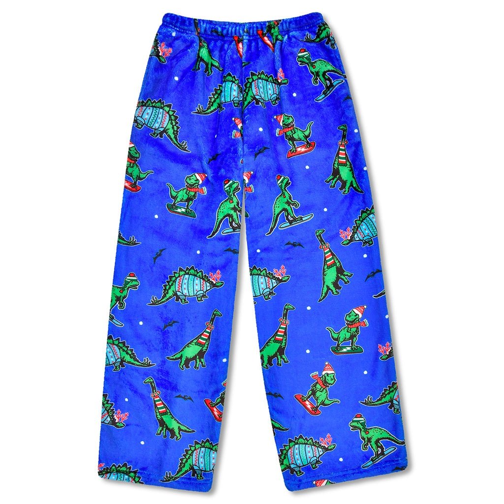 Children’s Holiday Dino plush pants for boys with blue background and green dinosaurs wearing Santa hats and scarves.