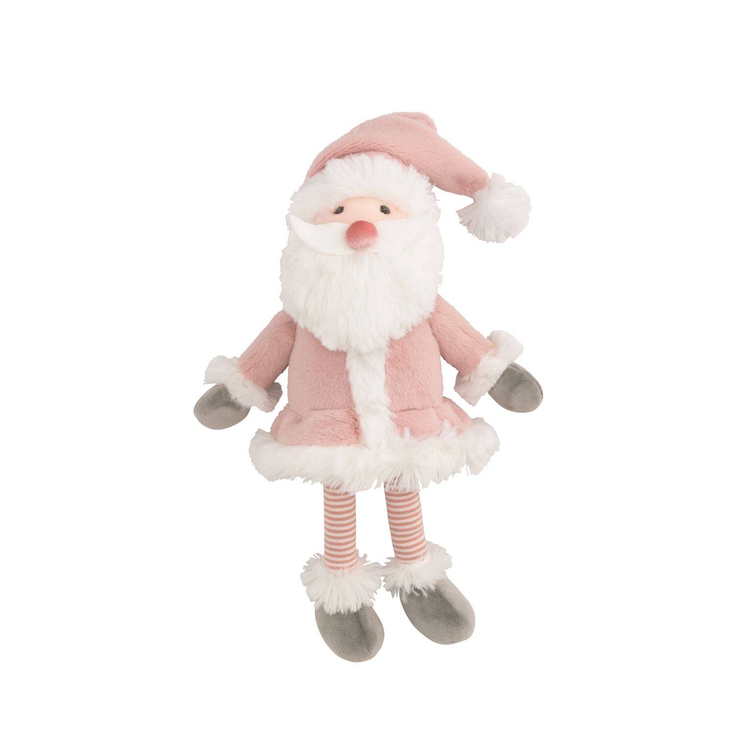 Pink Santa plush with fuzzy coat and striped leggings