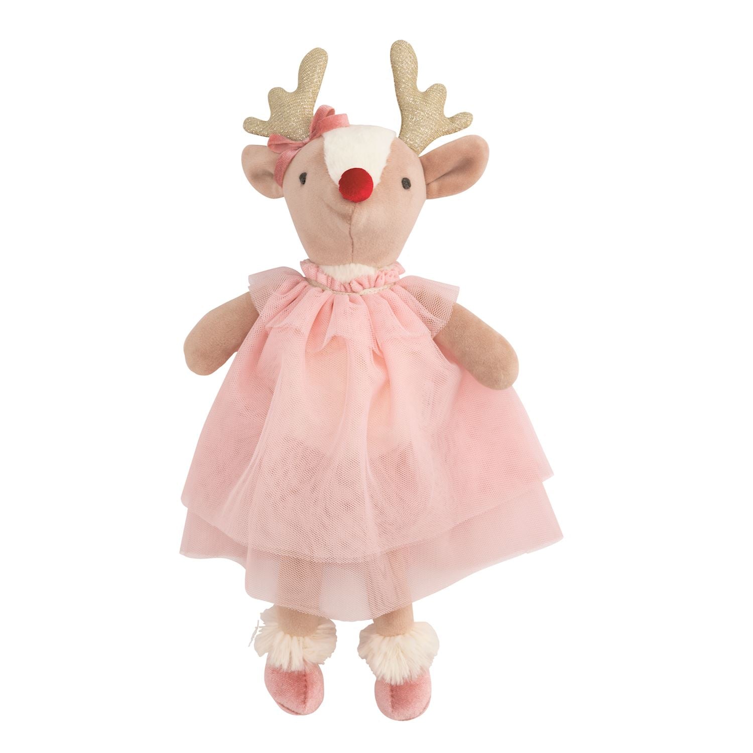 Ballerina reindeer plush with pink tutu and gold antlers