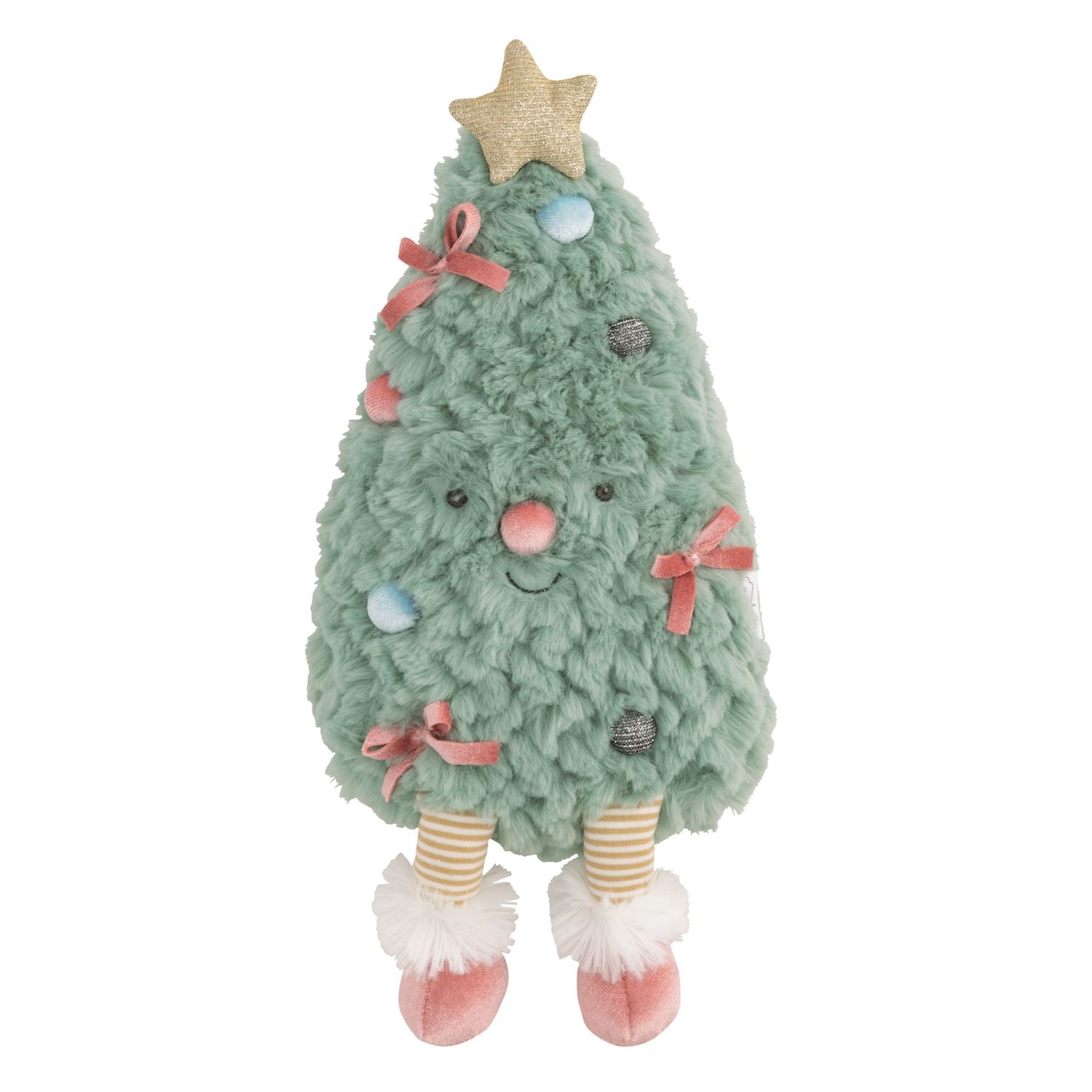 Green Christmas tree plush with colorful ornaments and pink shoes