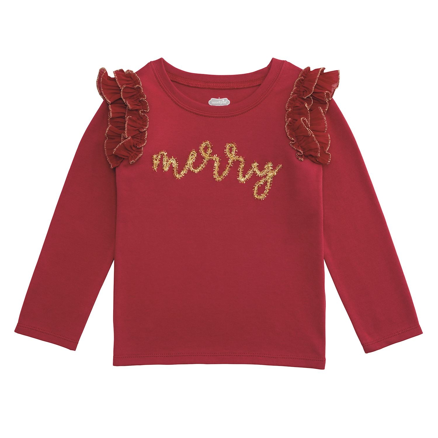 Red long-sleeve toddler tee with gold “merry” tinsel text and ruffled mesh shoulders