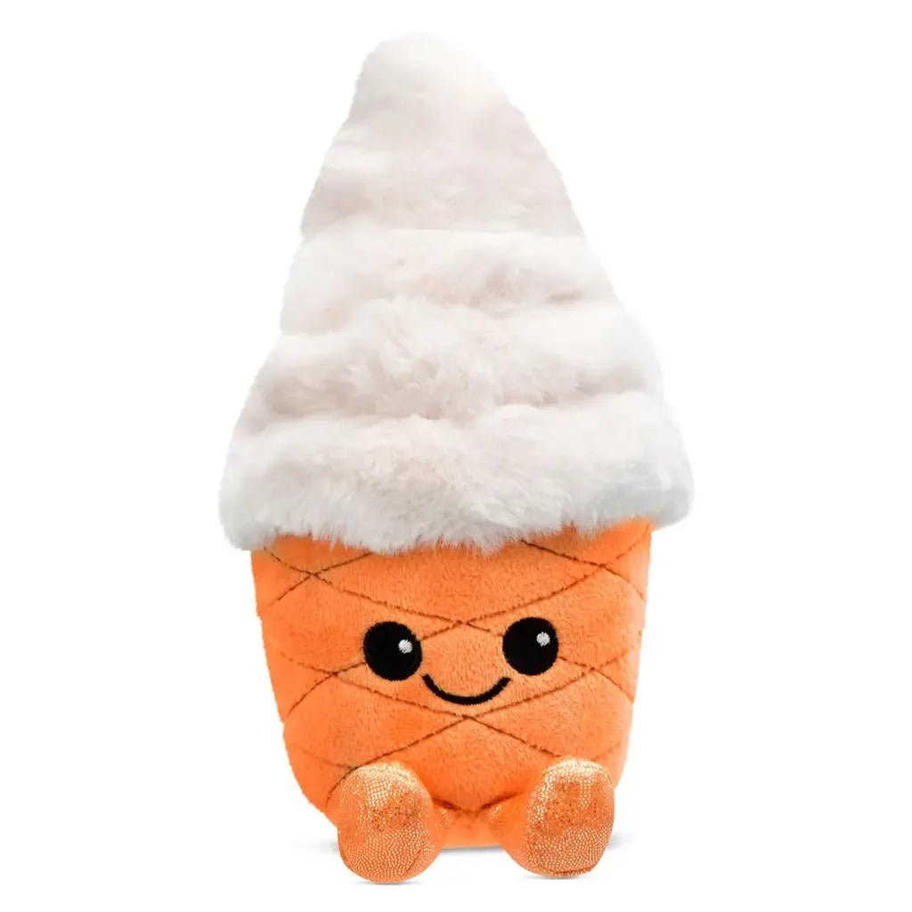Mini plush ice cream cone with orange quilted cone base, fluffy white swirl top, embroidered smiley face, and sparkly orange plush feet.