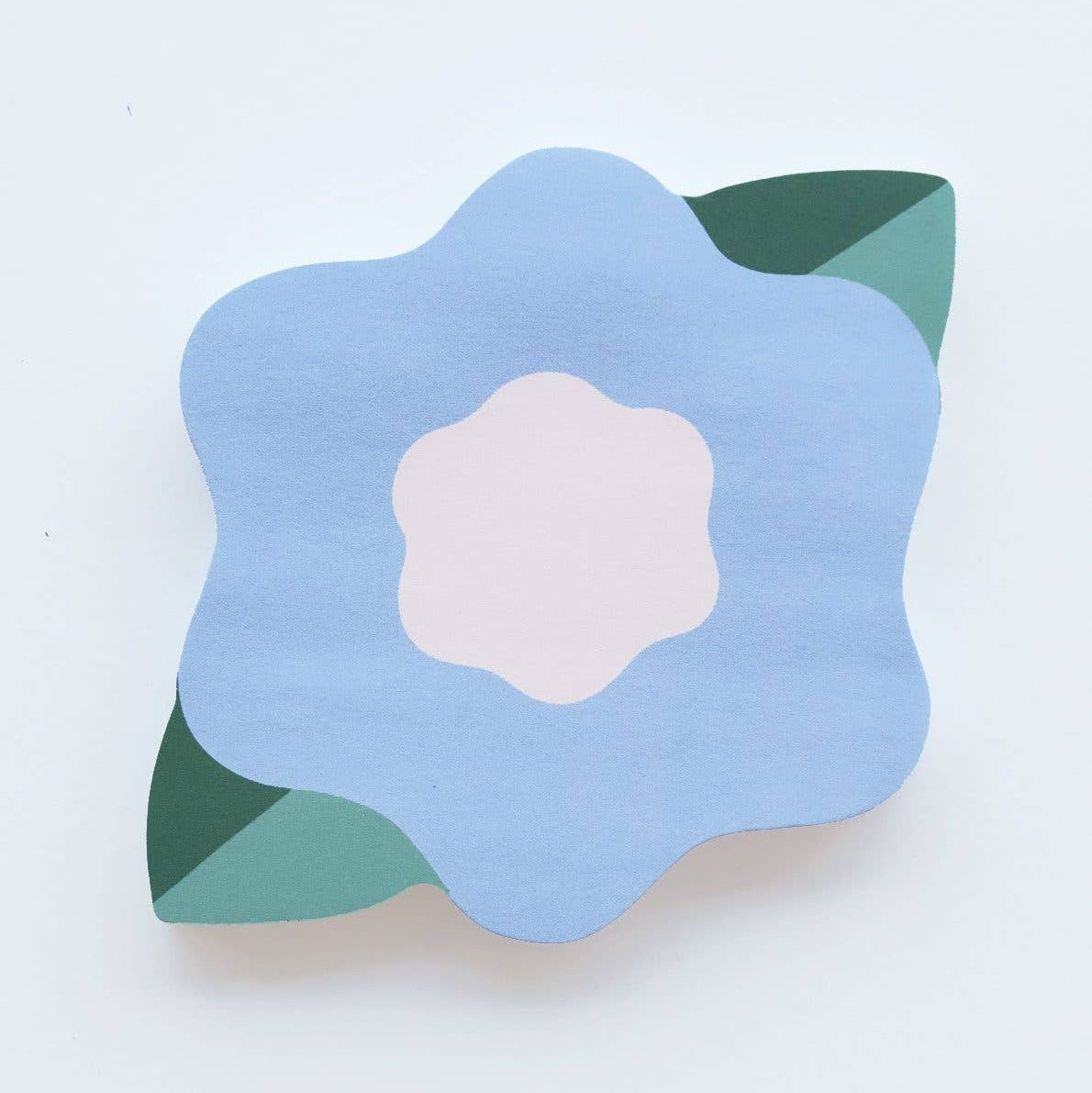 Blue and pink flower-shaped die-cut sticky note pad with green leaf details by Idlewild Co.